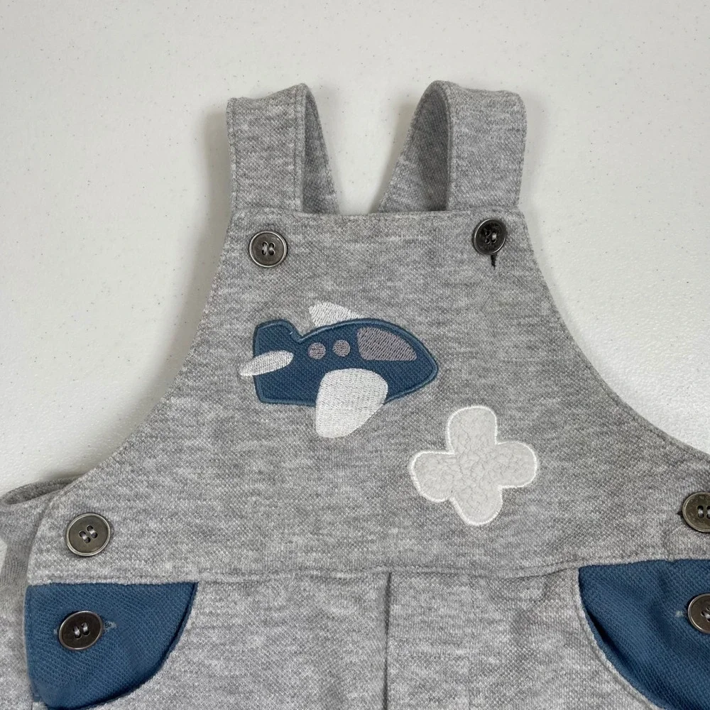 Vintage Buster Brown Airplane Overalls Boys 12M Gray Blue Knit Embroidered Plane